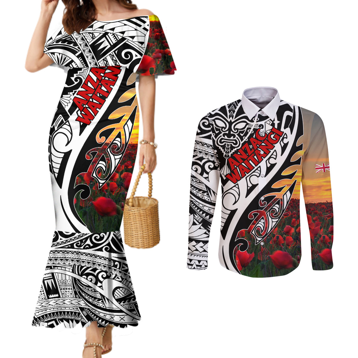 Personalised New Zealand Waitangi and ANZAC day Couples Matching Mermaid Dress and Long Sleeve Button Shirt LT9 White - Polynesian Pride