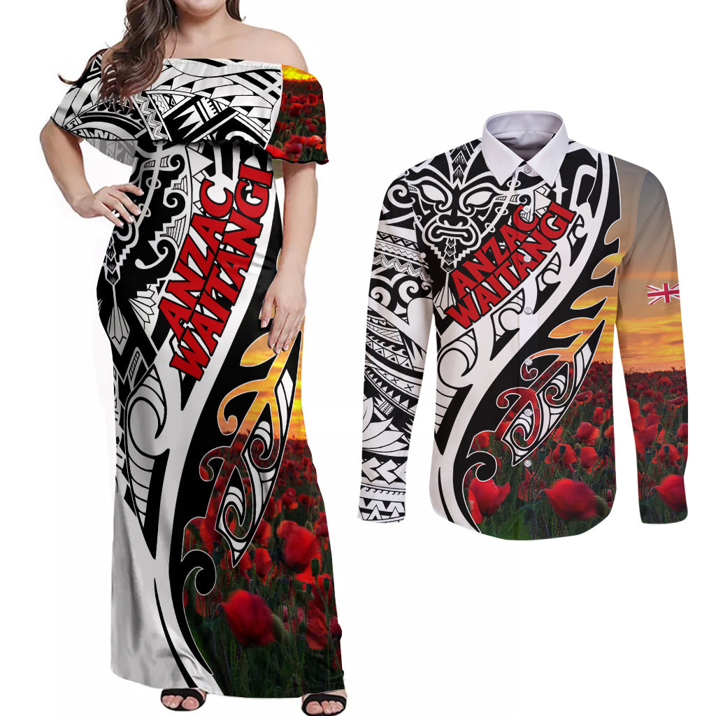 Personalised New Zealand Waitangi and ANZAC day Couples Matching Off Shoulder Maxi Dress and Long Sleeve Button Shirt LT9 White - Polynesian Pride