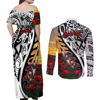 Personalised New Zealand Waitangi and ANZAC day Couples Matching Off Shoulder Maxi Dress and Long Sleeve Button Shirt LT9 - Polynesian Pride