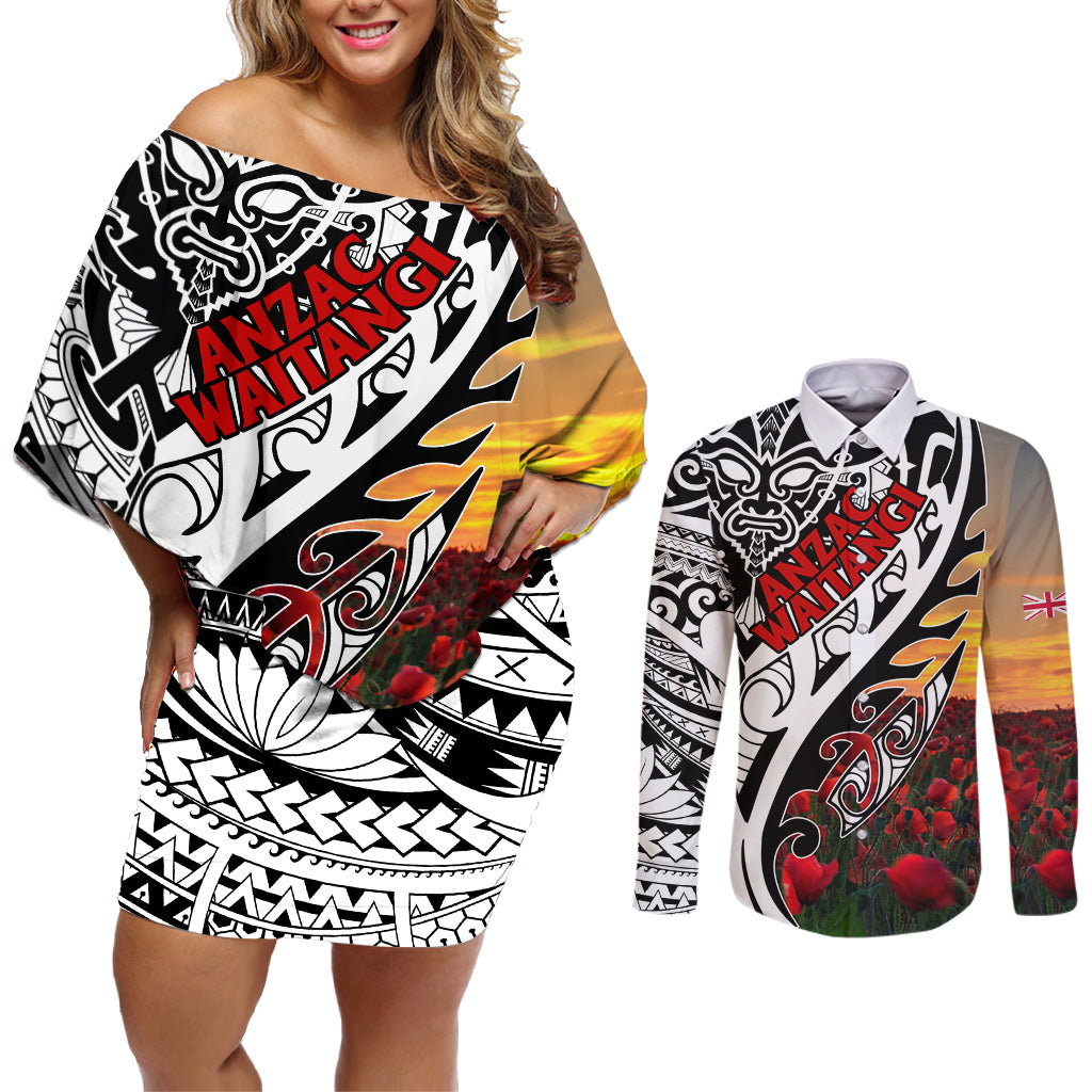 Personalised New Zealand Waitangi and ANZAC day Couples Matching Off Shoulder Short Dress and Long Sleeve Button Shirt LT9 White - Polynesian Pride