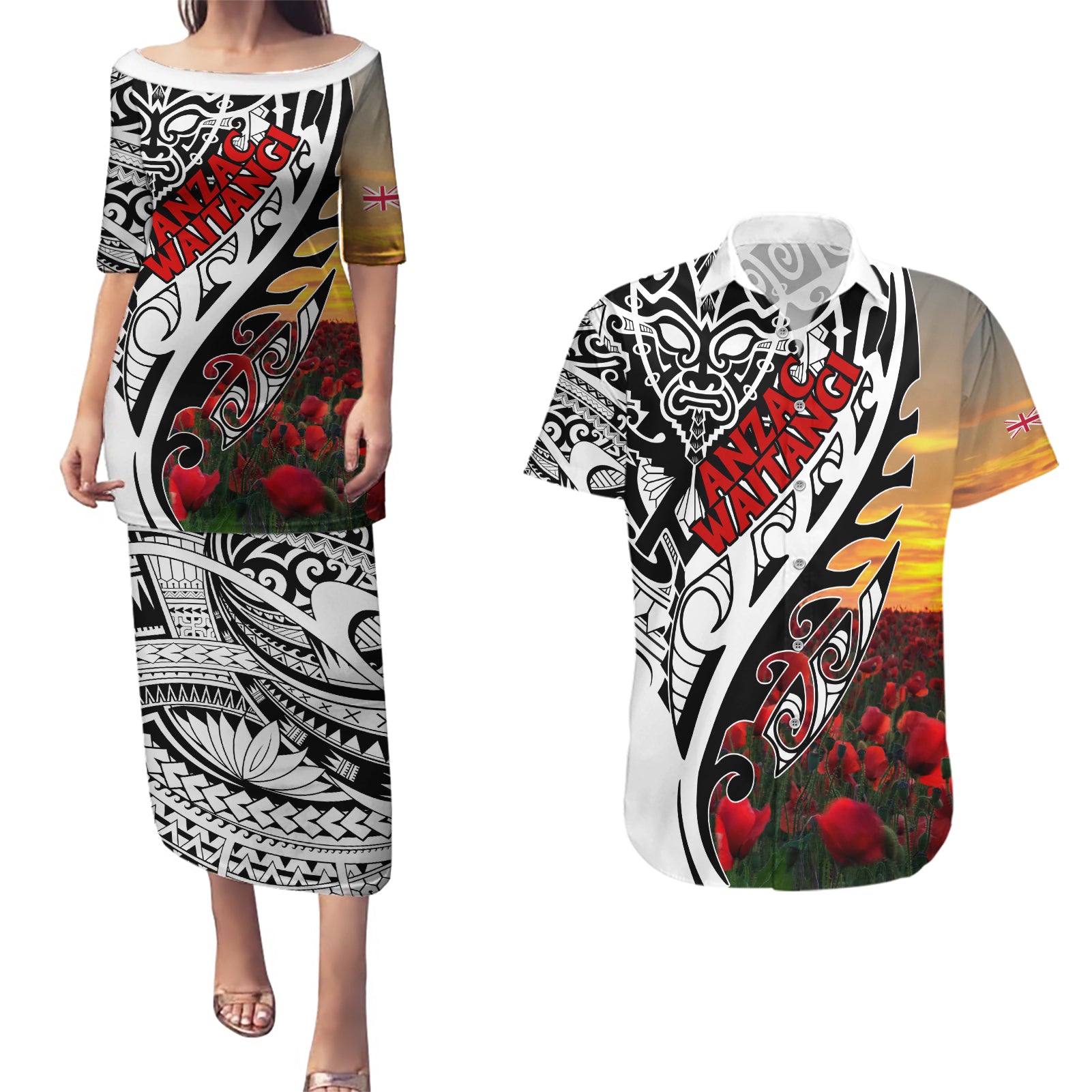 Personalised New Zealand Waitangi and ANZAC day Couples Matching Puletasi and Hawaiian Shirt LT9 White - Polynesian Pride