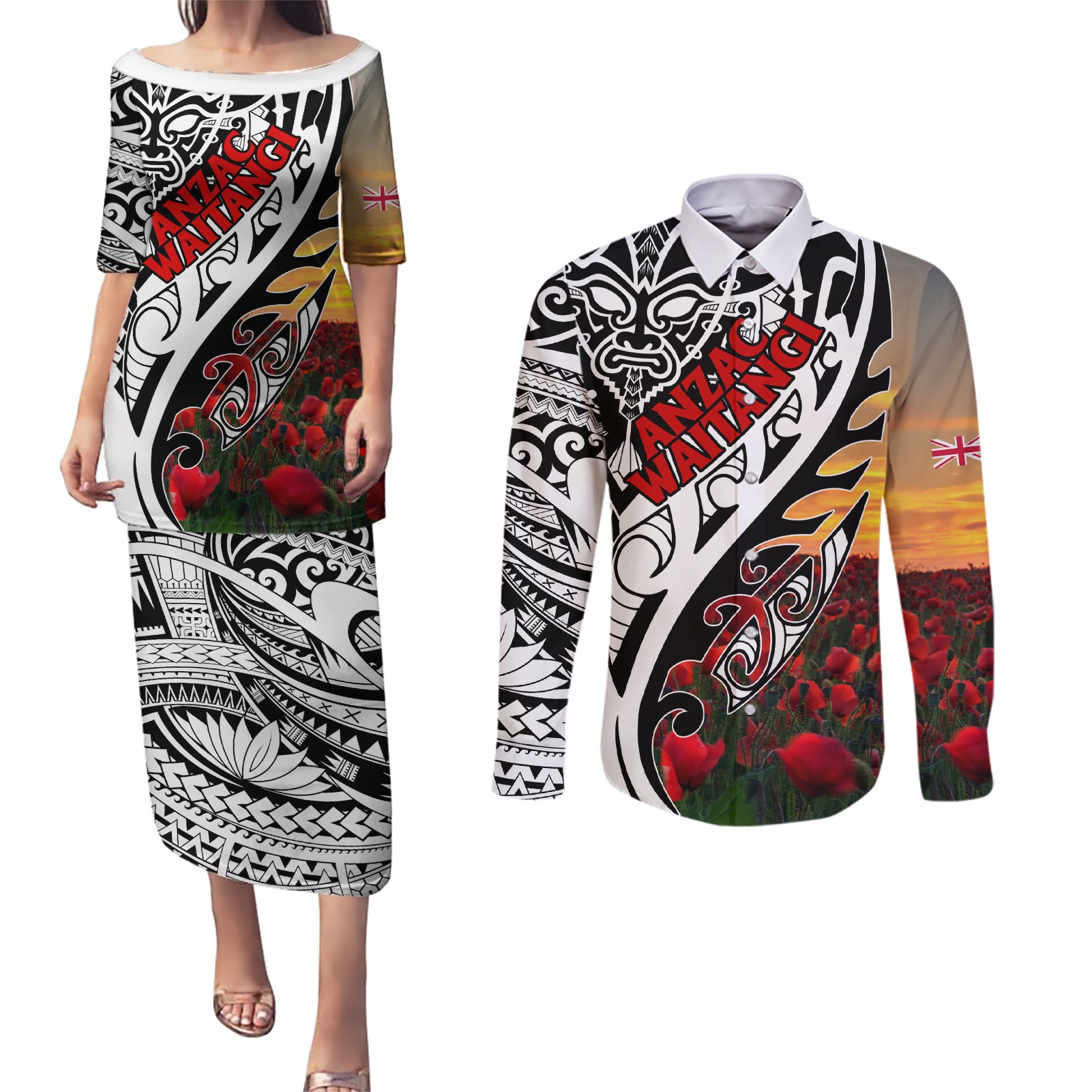 Personalised New Zealand Waitangi and ANZAC day Couples Matching Puletasi and Long Sleeve Button Shirt LT9 White - Polynesian Pride