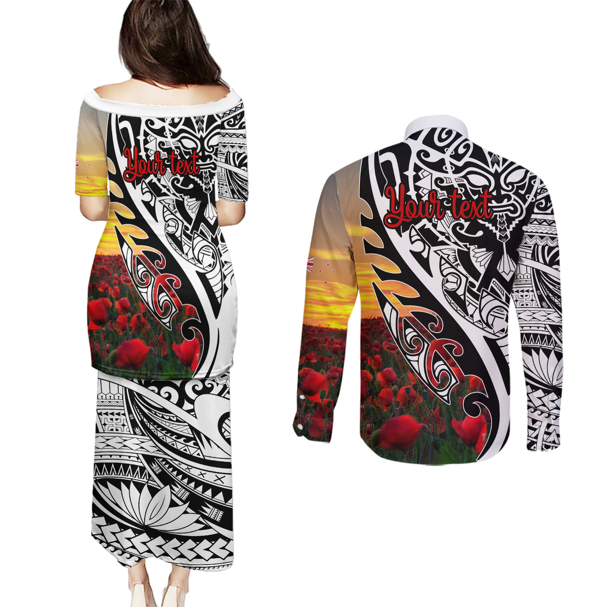Personalised New Zealand Waitangi and ANZAC day Couples Matching Puletasi and Long Sleeve Button Shirt LT9 - Polynesian Pride