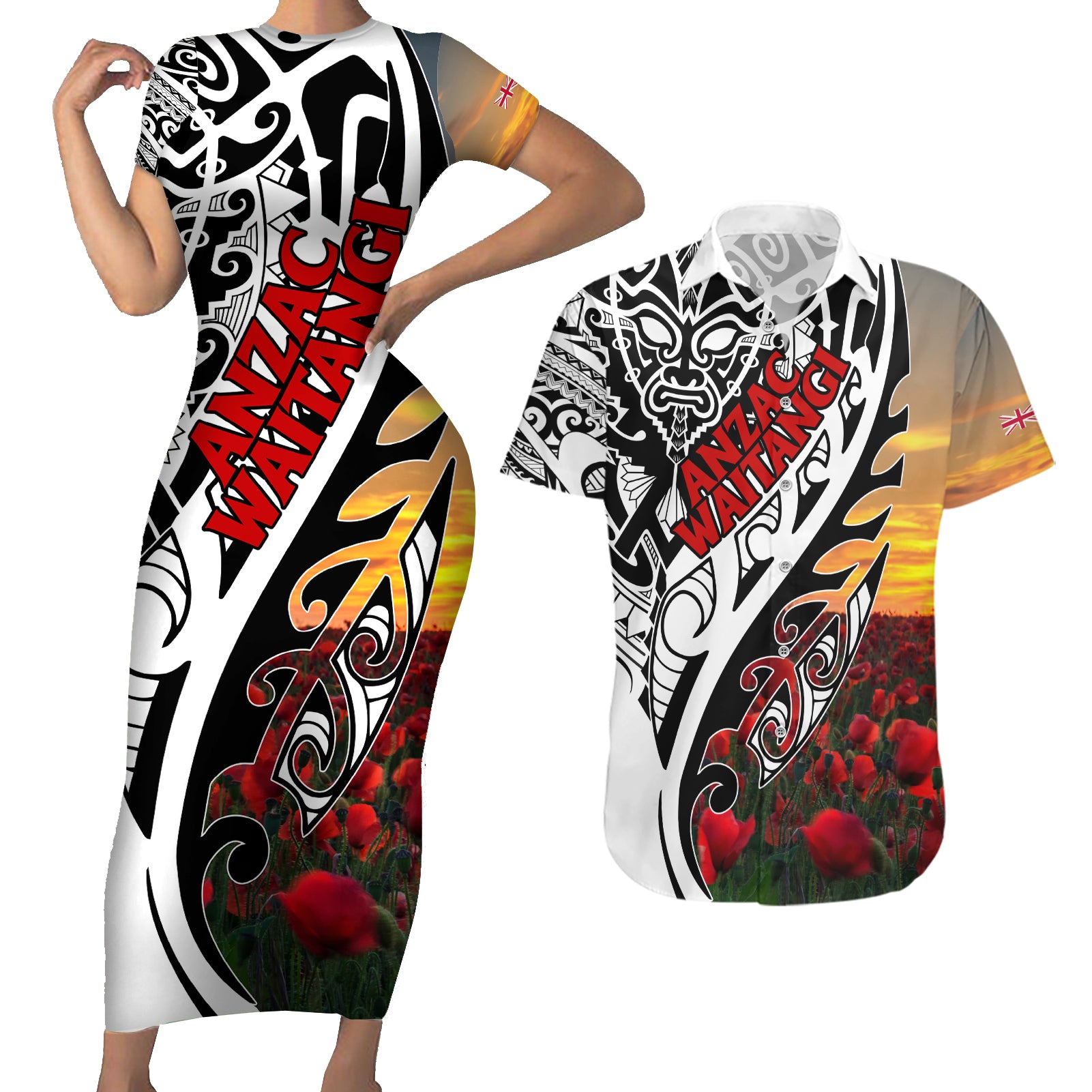 Personalised New Zealand Waitangi and ANZAC day Couples Matching Short Sleeve Bodycon Dress and Hawaiian Shirt LT9 White - Polynesian Pride