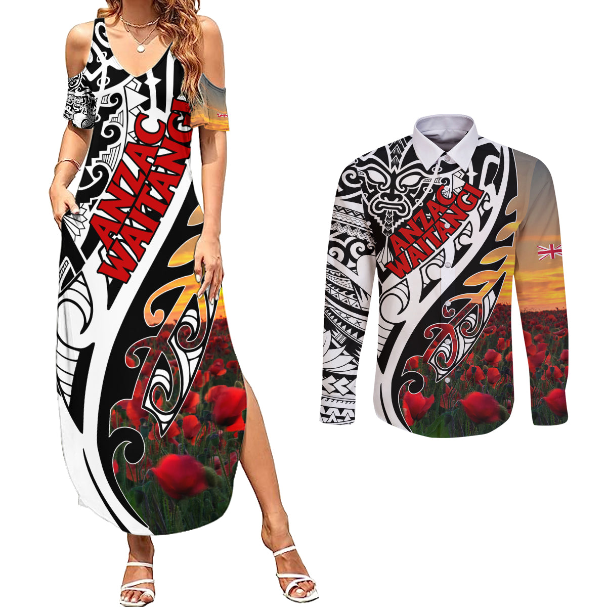Personalised New Zealand Waitangi and ANZAC day Couples Matching Summer Maxi Dress and Long Sleeve Button Shirt LT9 White - Polynesian Pride
