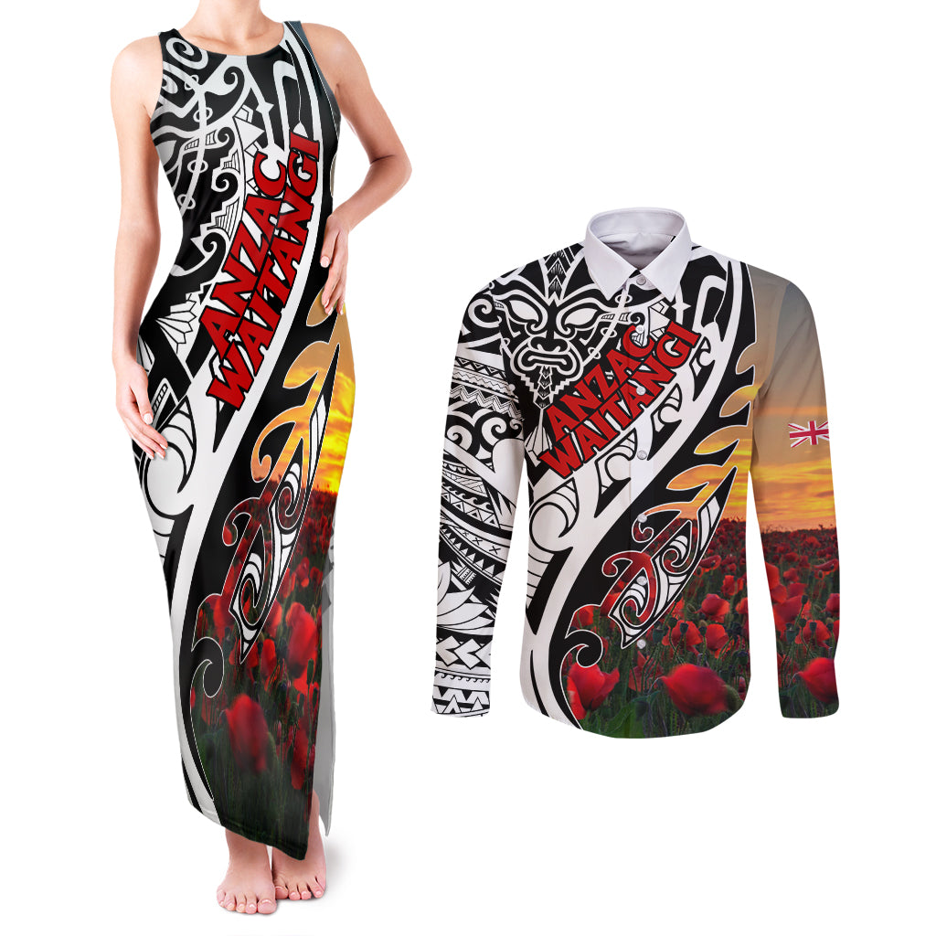 Personalised New Zealand Waitangi and ANZAC day Couples Matching Tank Maxi Dress and Long Sleeve Button Shirt LT9 White - Polynesian Pride