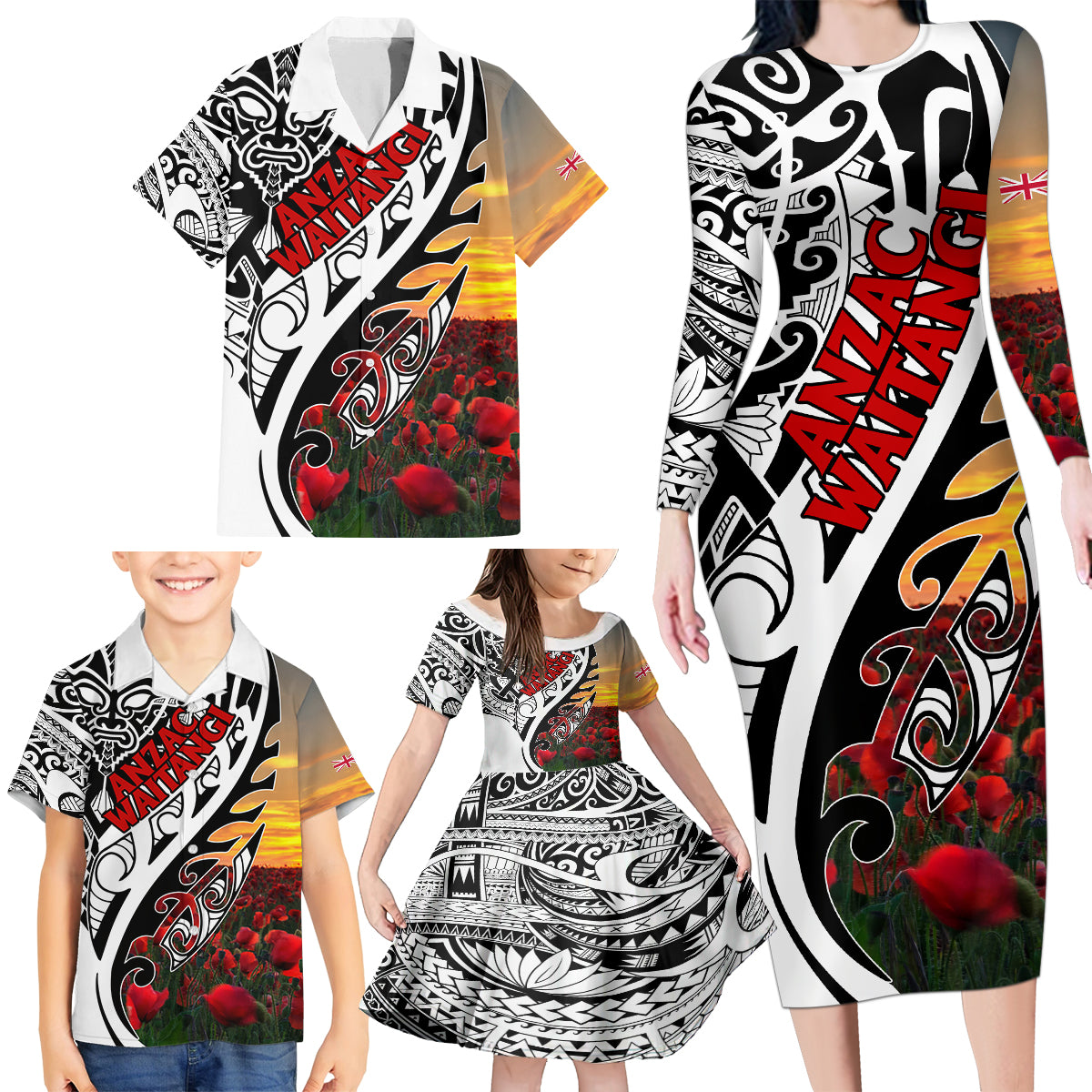 Personalised New Zealand Waitangi and ANZAC day Family Matching Long Sleeve Bodycon Dress and Hawaiian Shirt LT9 - Polynesian Pride