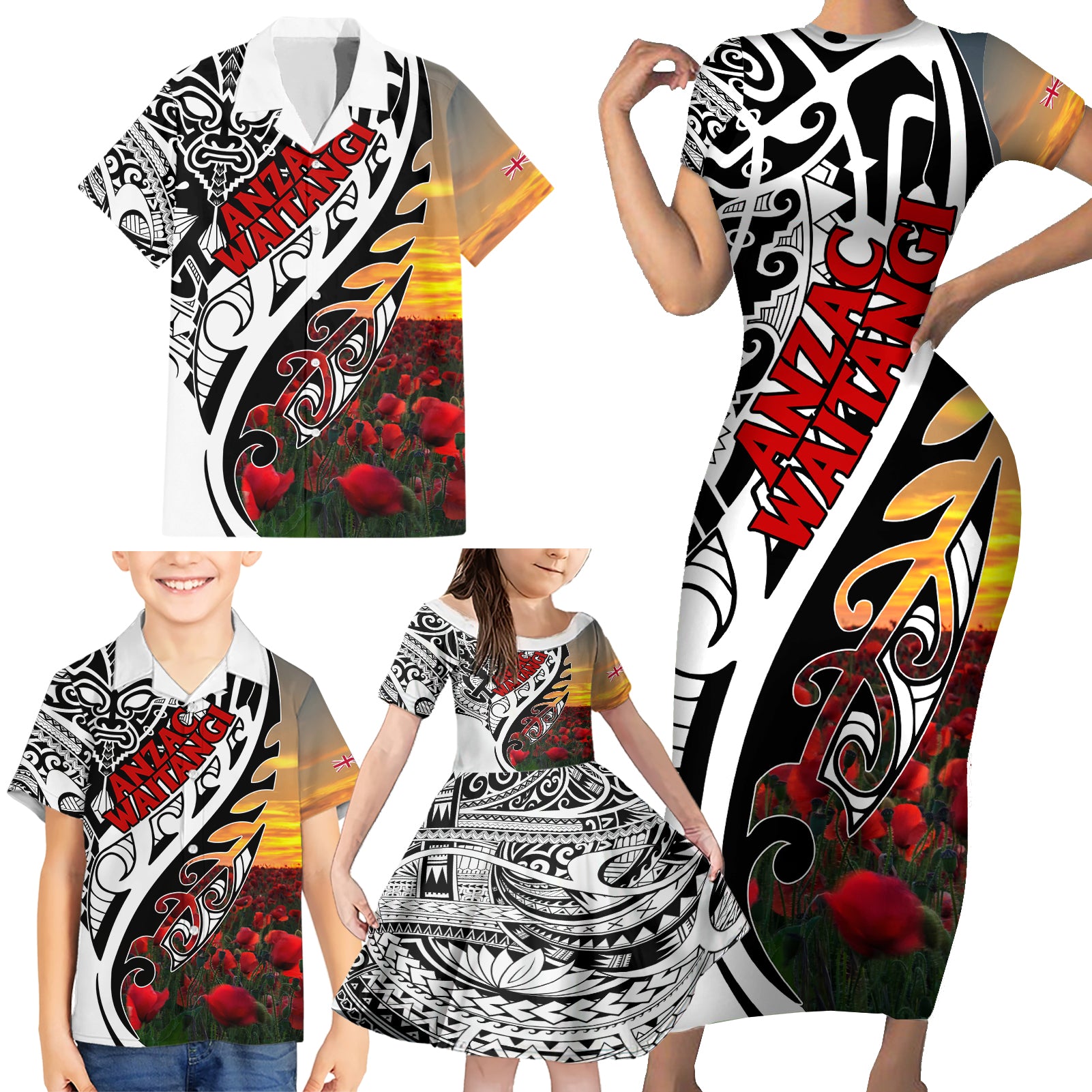 Personalised New Zealand Waitangi and ANZAC day Family Matching Short Sleeve Bodycon Dress and Hawaiian Shirt LT9 - Polynesian Pride