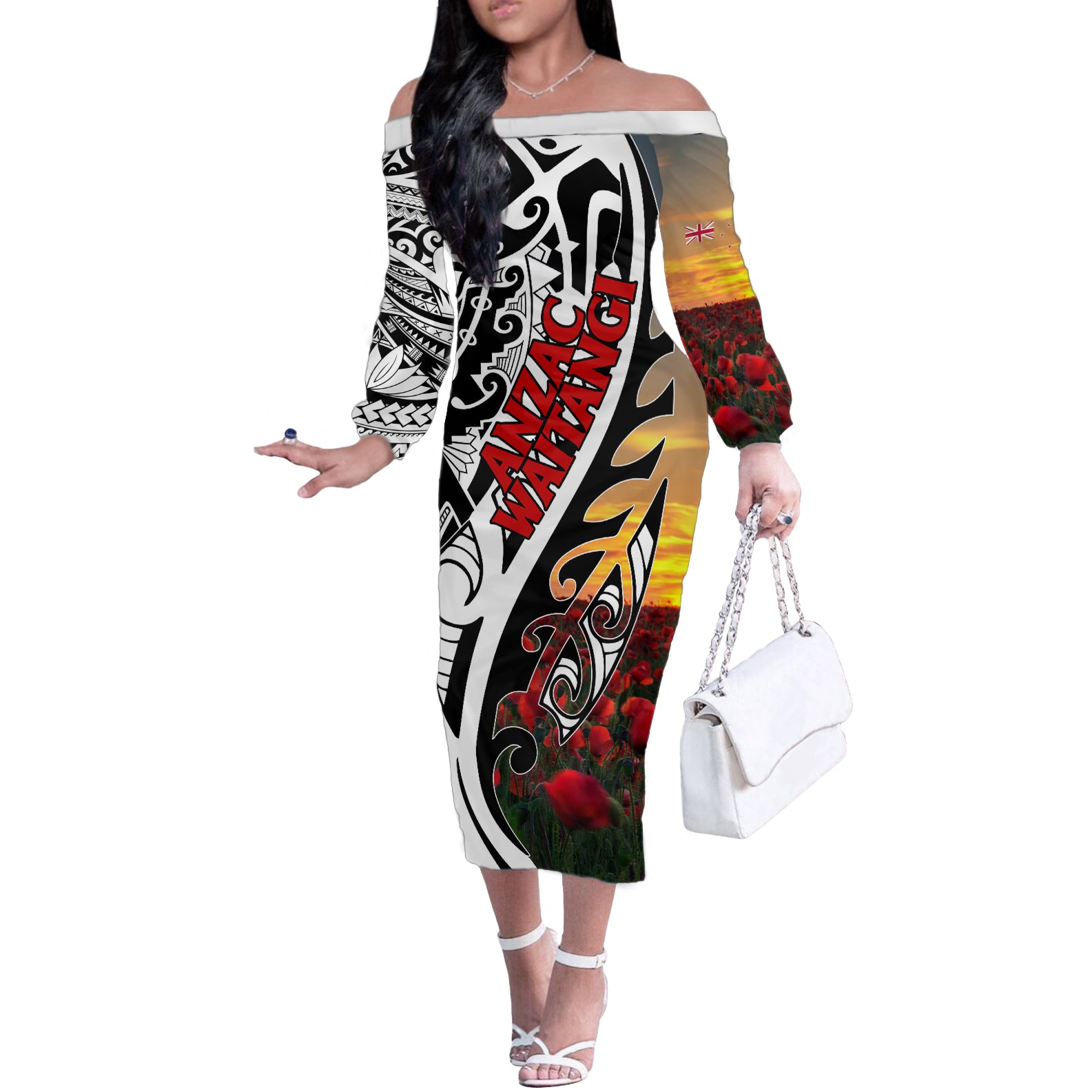 Personalised New Zealand Waitangi and ANZAC day Off The Shoulder Long Sleeve Dress LT9 Women White - Polynesian Pride