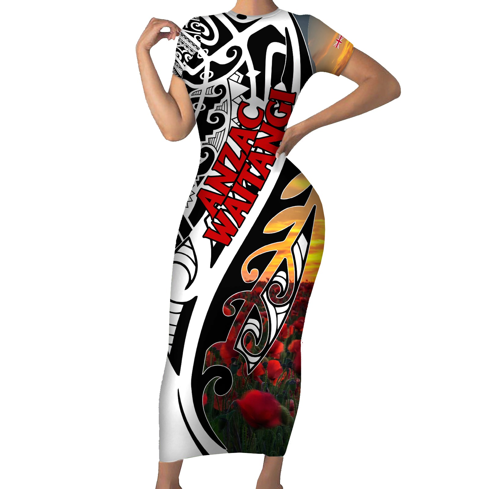 Personalised New Zealand Waitangi and ANZAC day Short Sleeve Bodycon Dress LT9 Long Dress White - Polynesian Pride