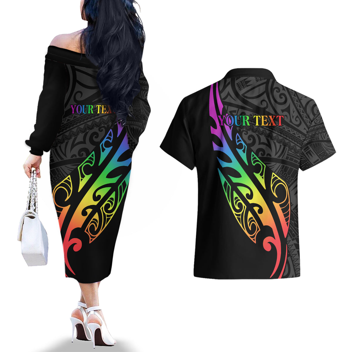 Personalised New Zealand Wellington Pride Couples Matching Off The Shoulder Long Sleeve Dress and Hawaiian Shirt Maori Fern with Pride Flag 2024 LT9 - Polynesian Pride