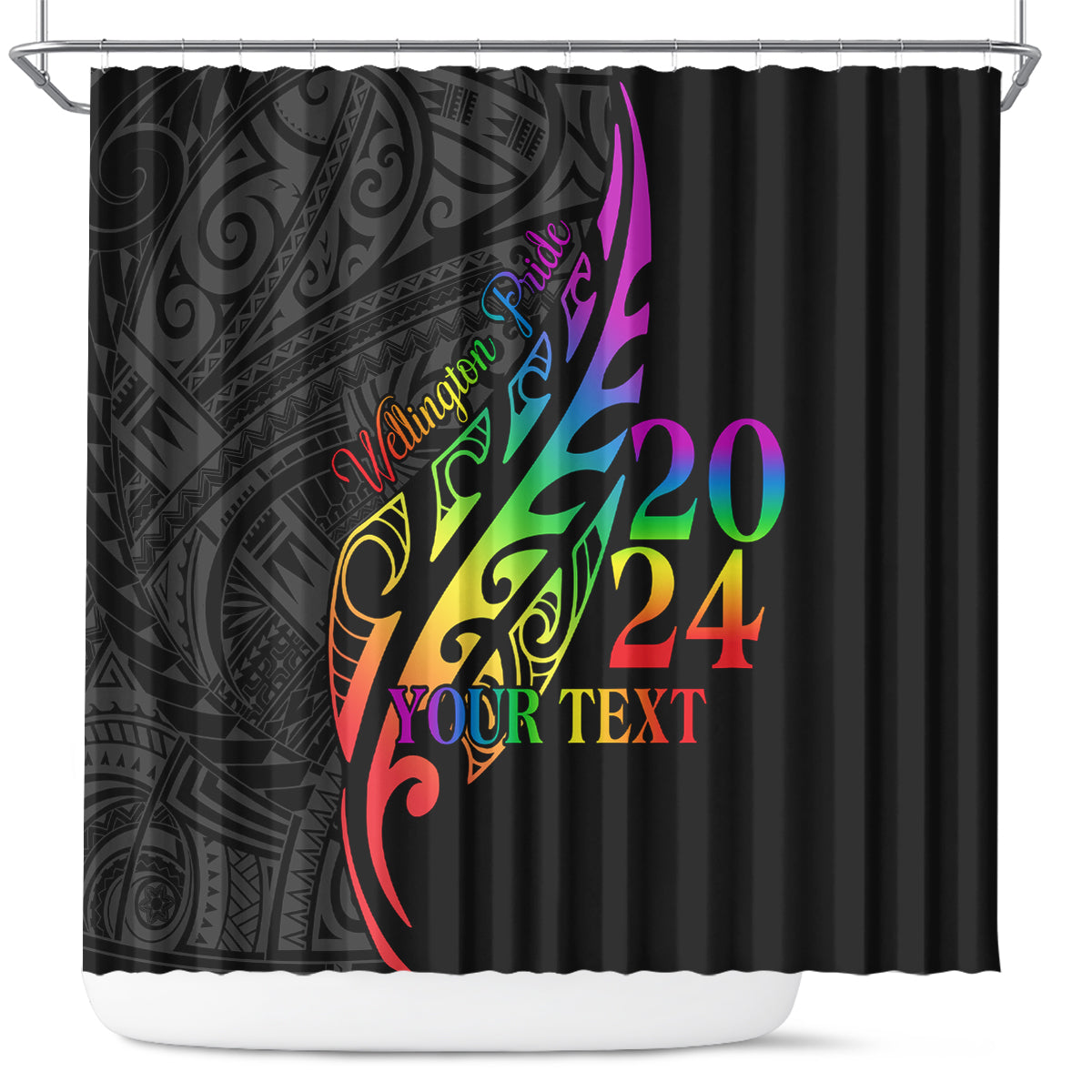 Personalised New Zealand Wellington Pride Shower Curtain Maori Fern with Pride Flag 2024 LT9 Black - Polynesian Pride