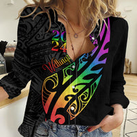 Personalised New Zealand Wellington Pride Women Casual Shirt Maori Fern with Pride Flag 2024 LT9 Female Black - Polynesian Pride