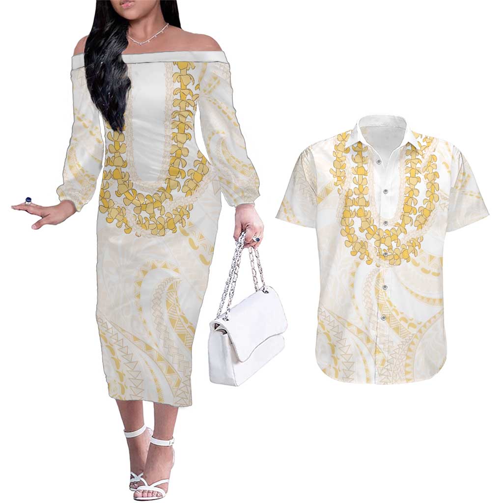 Aloha Lei Onaona Couples Matching Off The Shoulder Long Sleeve Dress and Hawaiian Shirt Beige Hawaiian Tribal Pattern