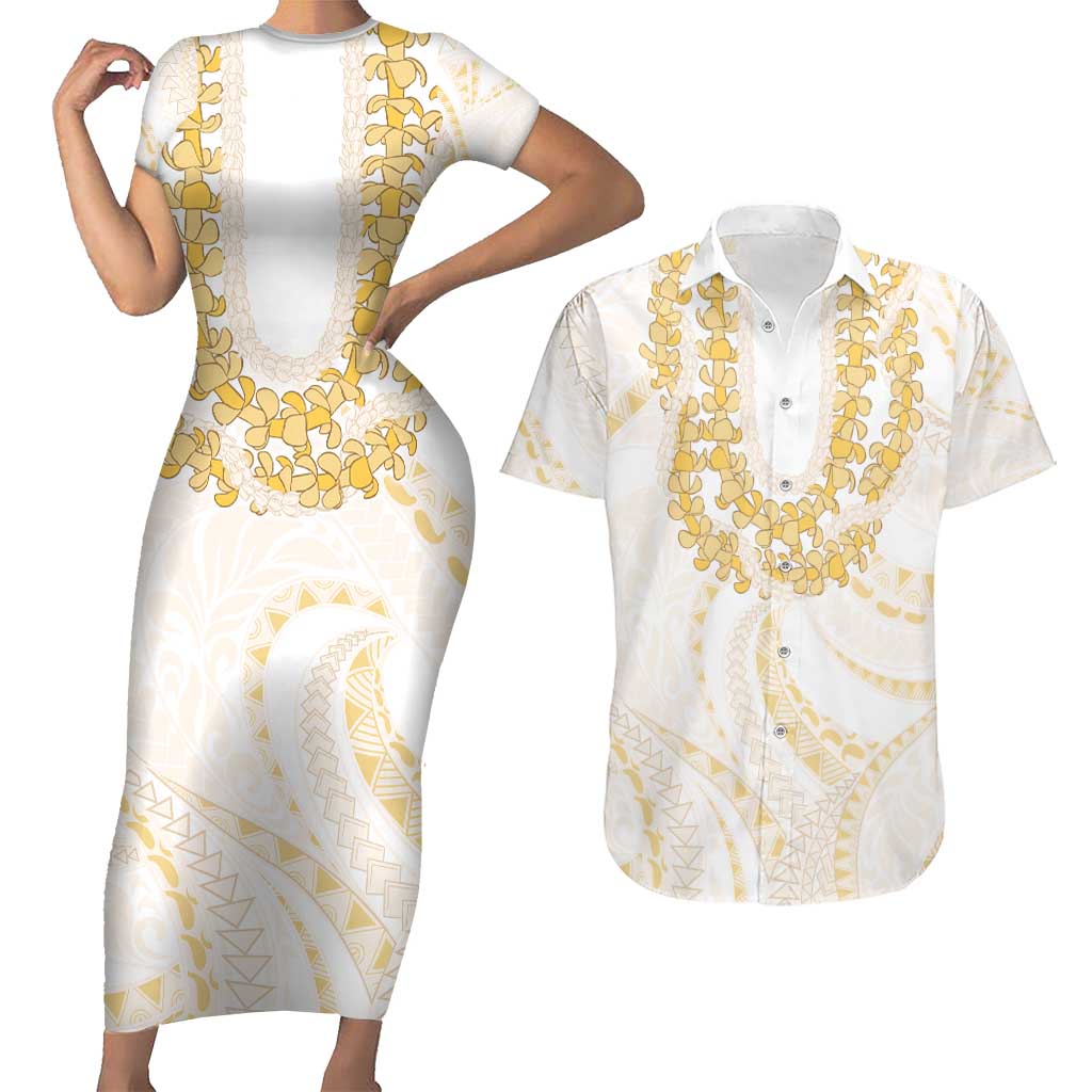 Aloha Lei Onaona Couples Matching Short Sleeve Bodycon Dress and Hawaiian Shirt Beige Hawaiian Tribal Pattern