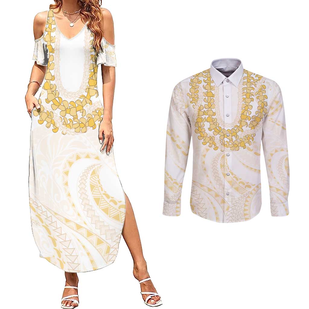 Aloha Lei Onaona Couples Matching Summer Maxi Dress and Long Sleeve Button Shirt Beige Hawaiian Tribal Pattern