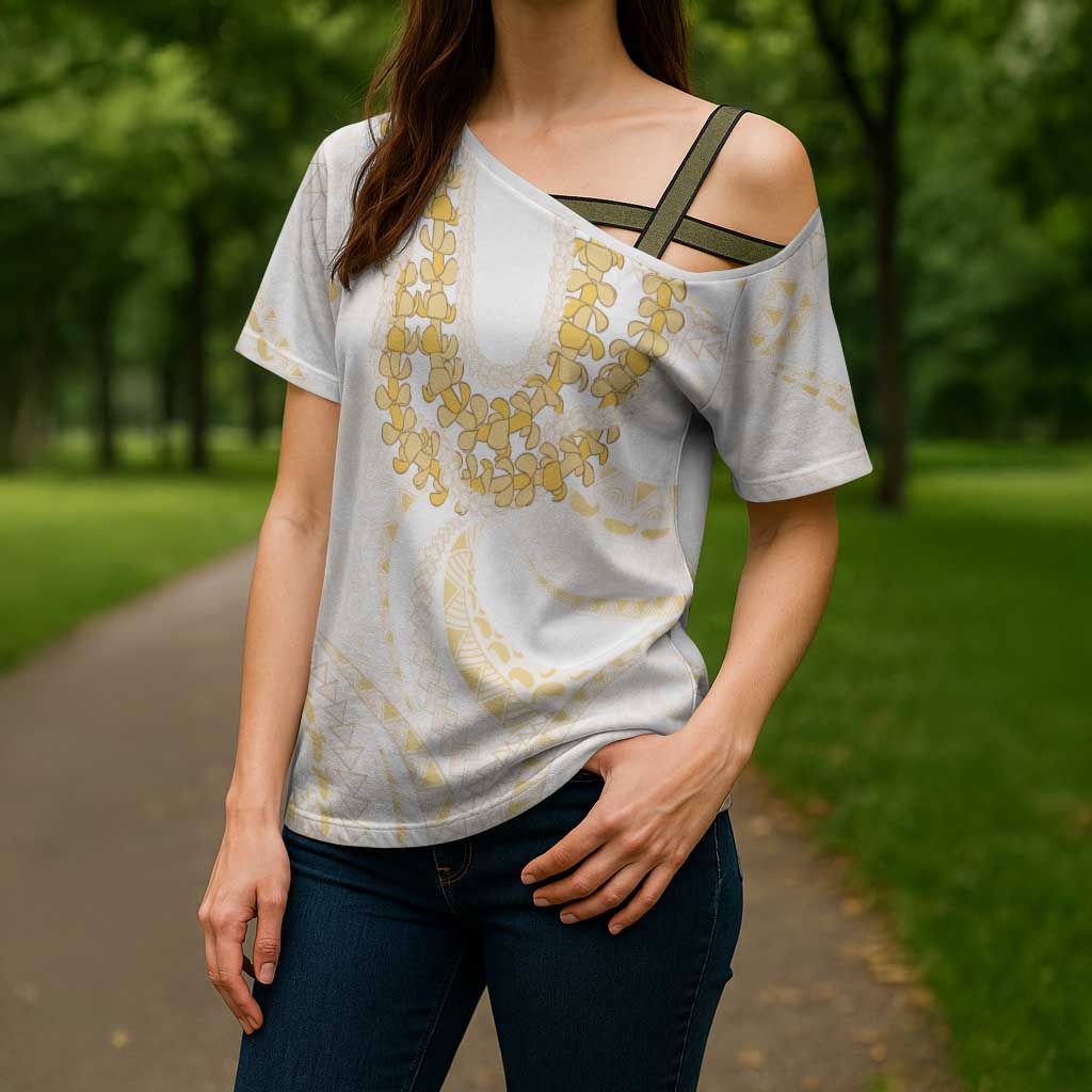 Aloha Lei Onaona Cross Shoulder Shirt Beige Hawaiian Tribal Pattern - Polynesian Pride
