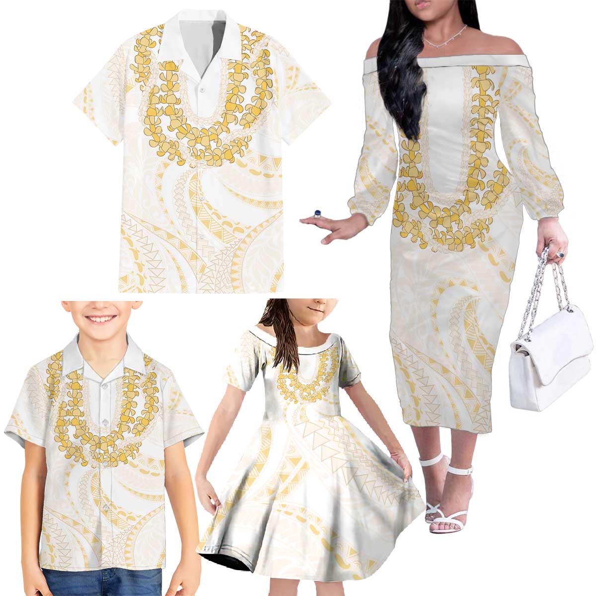 Aloha Lei Onaona Family Matching Off The Shoulder Long Sleeve Dress and Hawaiian Shirt Beige Hawaiian Tribal Pattern
