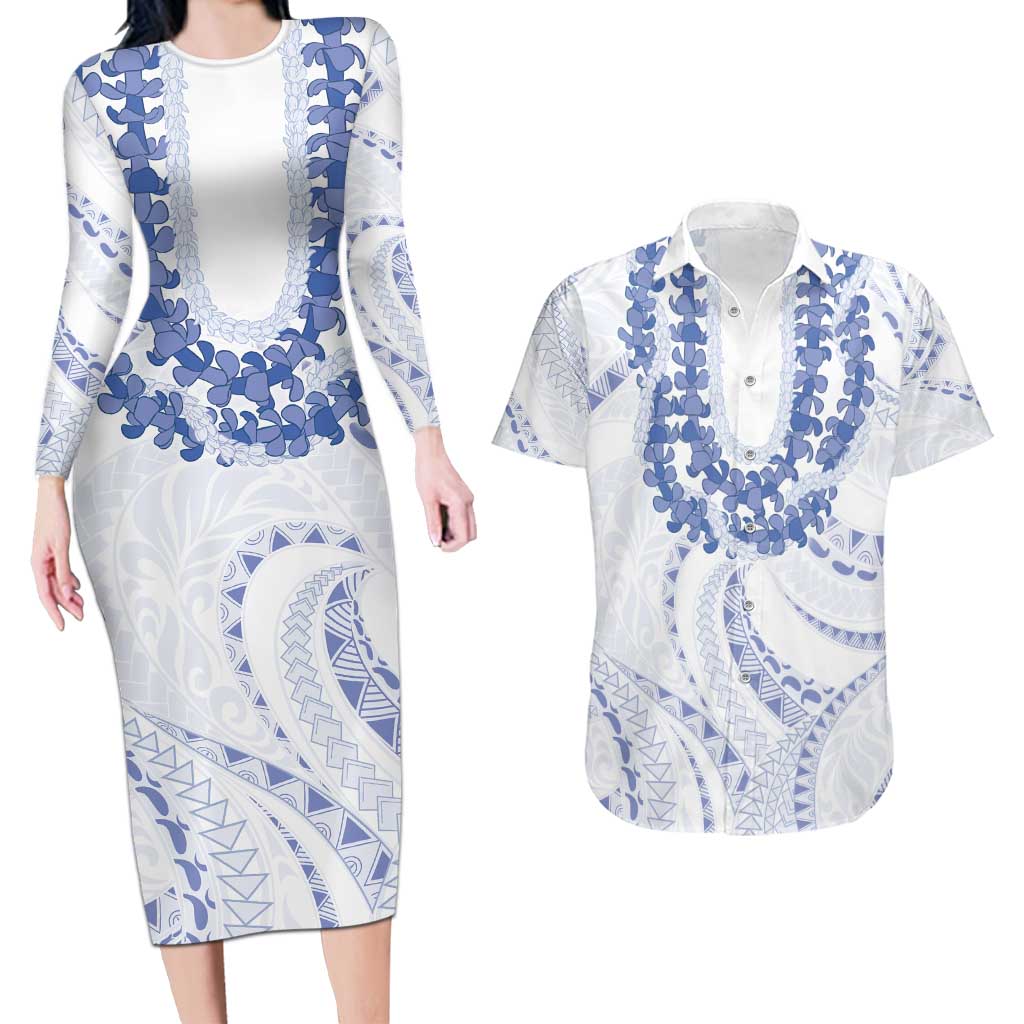 Aloha Lei Onaona Couples Matching Long Sleeve Bodycon Dress and Hawaiian Shirt Navy Blue Hawaiian Tribal Pattern