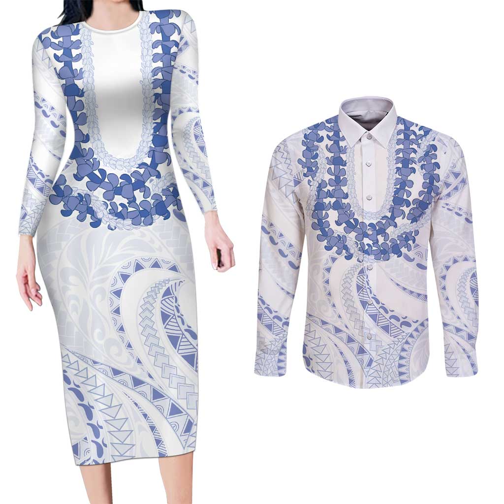 Aloha Lei Onaona Couples Matching Long Sleeve Bodycon Dress and Long Sleeve Button Shirt Navy Blue Hawaiian Tribal Pattern