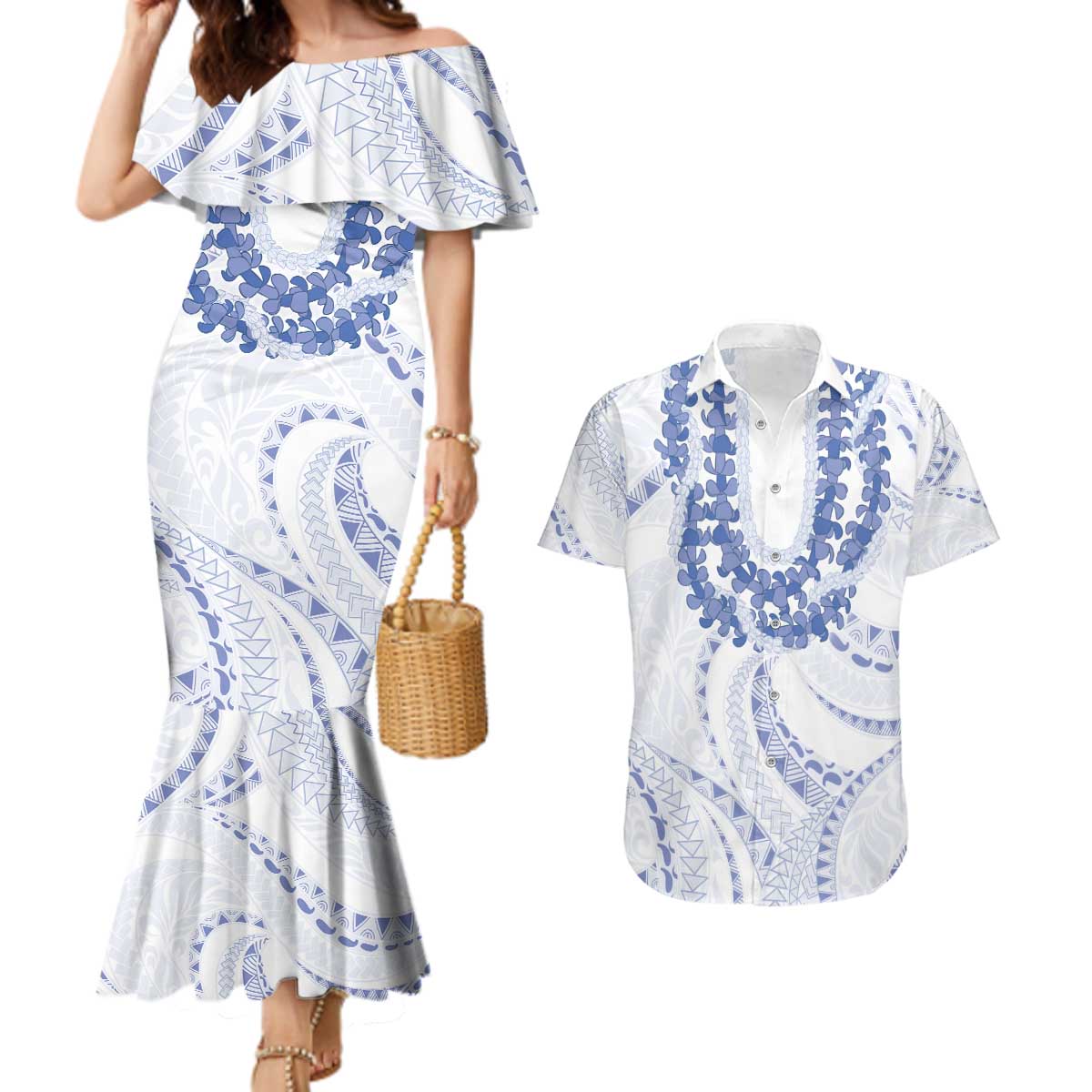 Aloha Lei Onaona Couples Matching Mermaid Dress and Hawaiian Shirt Navy Blue Hawaiian Tribal Pattern