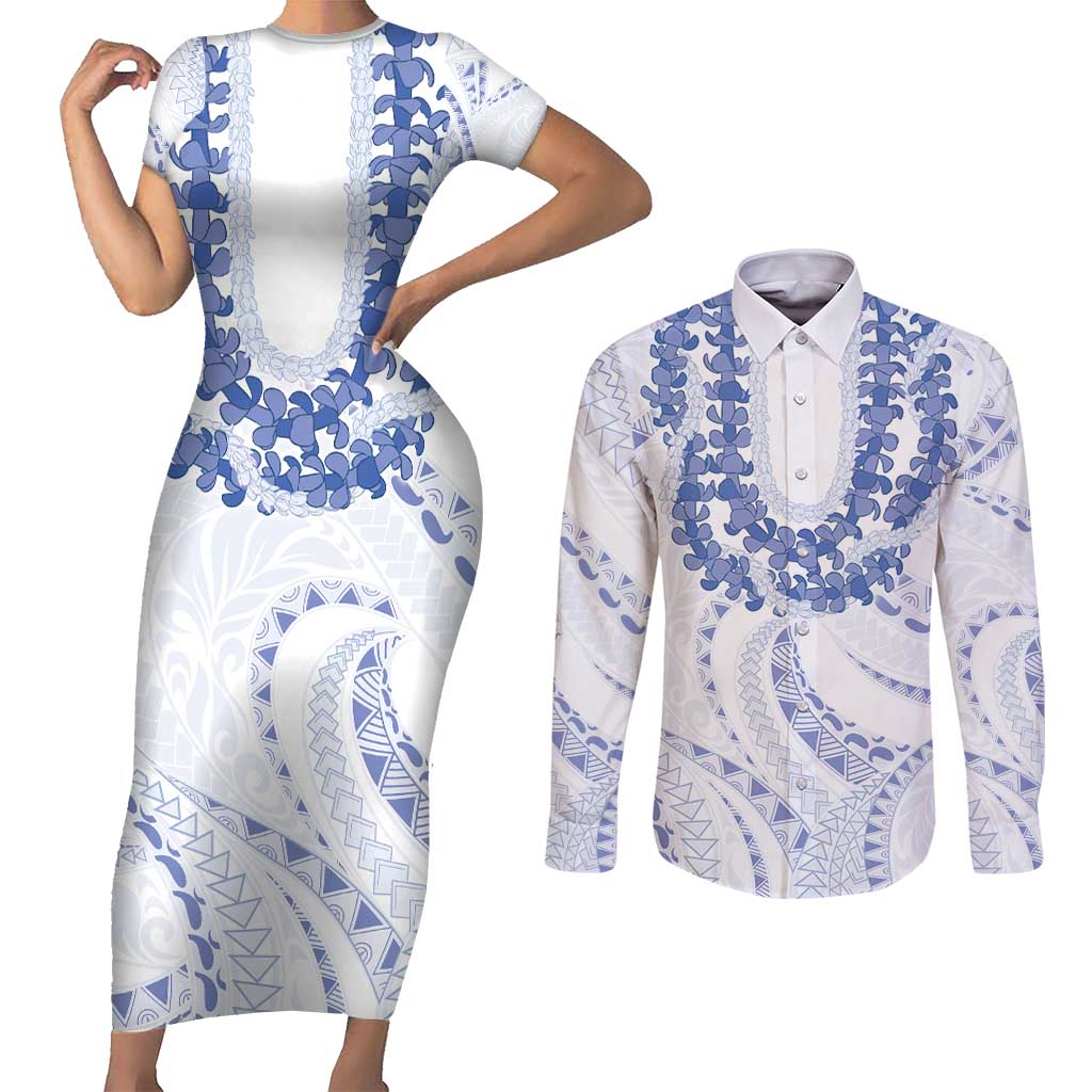 Aloha Lei Onaona Couples Matching Short Sleeve Bodycon Dress and Long Sleeve Button Shirt Navy Blue Hawaiian Tribal Pattern