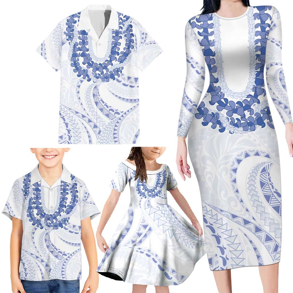 Aloha Lei Onaona Family Matching Long Sleeve Bodycon Dress and Hawaiian Shirt Navy Blue Hawaiian Tribal Pattern