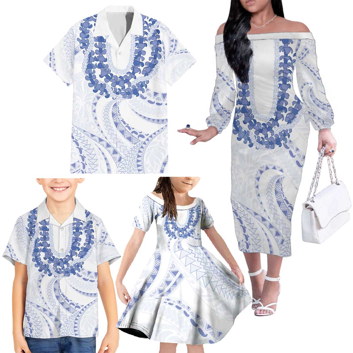 Aloha Lei Onaona Family Matching Off The Shoulder Long Sleeve Dress and Hawaiian Shirt Navy Blue Hawaiian Tribal Pattern