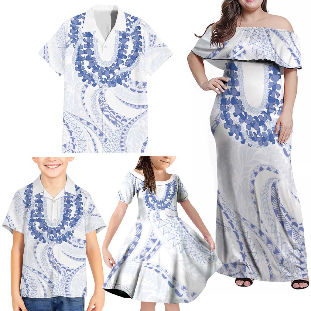 Aloha Lei Onaona Family Matching Off Shoulder Maxi Dress and Hawaiian Shirt Navy Blue Hawaiian Tribal Pattern