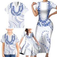 Aloha Lei Onaona Family Matching Short Sleeve Bodycon Dress and Hawaiian Shirt Navy Blue Hawaiian Tribal Pattern