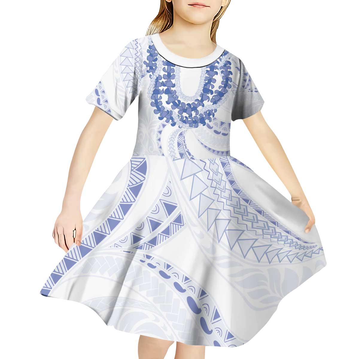 Aloha Lei Onaona Kid Short Sleeve Dress Navy Blue Hawaiian Tribal Pattern