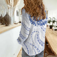 Aloha Lei Onaona Women Casual Shirt Navy Blue Hawaiian Tribal Pattern