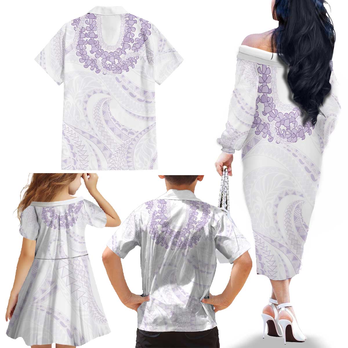 Aloha Lei Onaona Family Matching Off The Shoulder Long Sleeve Dress and Hawaiian Shirt Purple Hawaiian Tribal Pattern