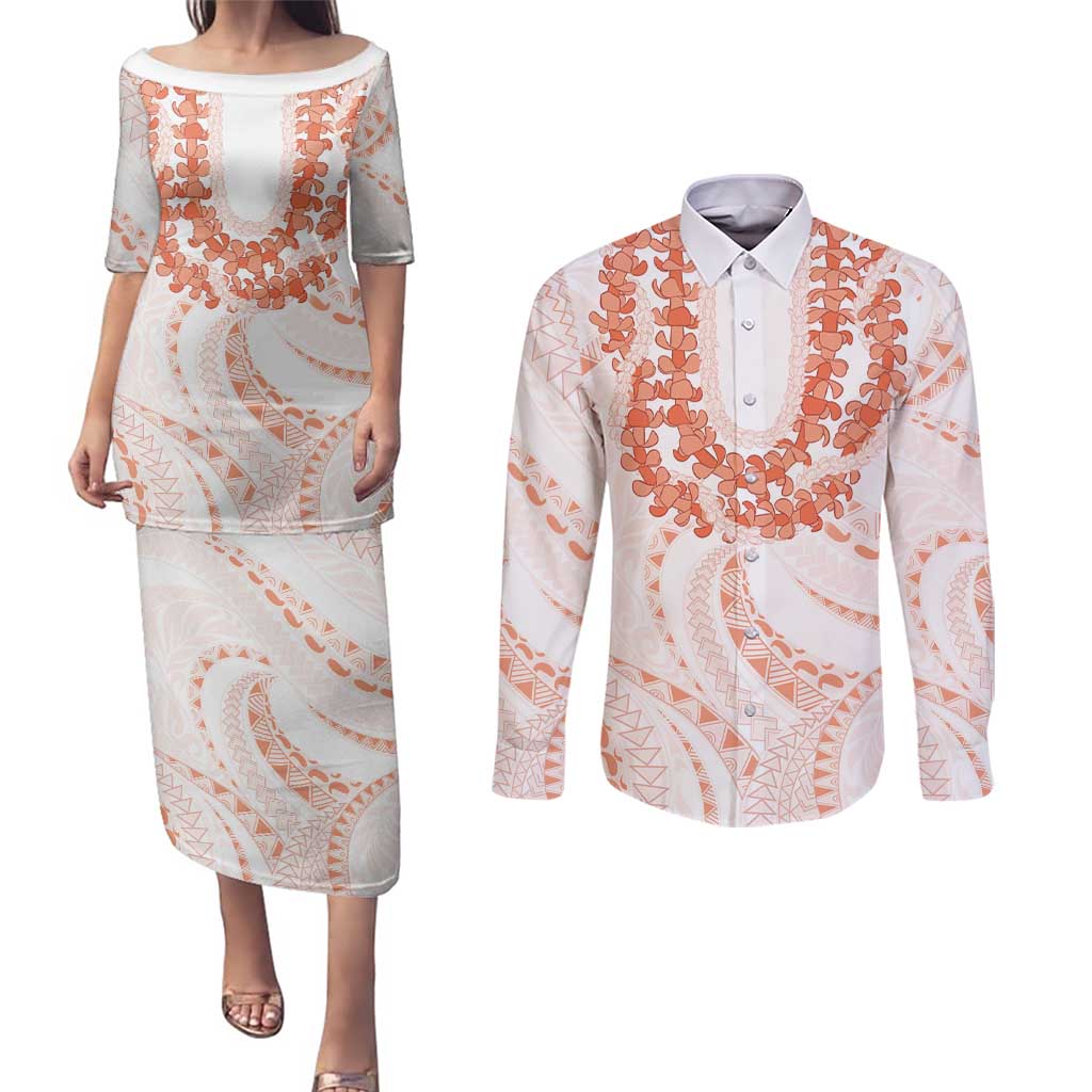 Aloha Lei Onaona Couples Matching Puletasi and Long Sleeve Button Shirt Red Hawaiian Tribal Pattern