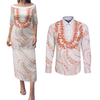 Aloha Lei Onaona Couples Matching Puletasi and Long Sleeve Button Shirt Red Hawaiian Tribal Pattern