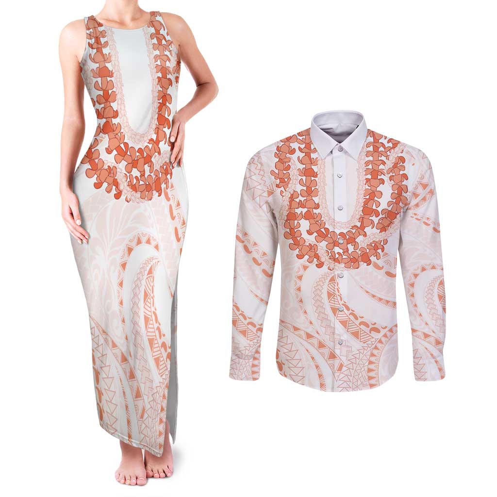 Aloha Lei Onaona Couples Matching Tank Maxi Dress and Long Sleeve Button Shirt Red Hawaiian Tribal Pattern