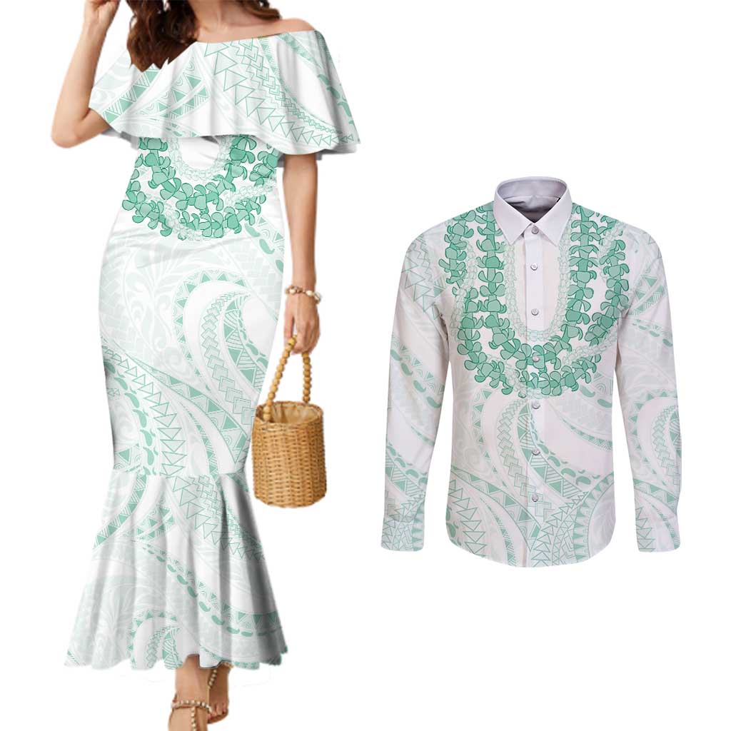 Aloha Lei Onaona Couples Matching Mermaid Dress and Long Sleeve Button Shirt Sage Green Hawaiian Tribal Pattern