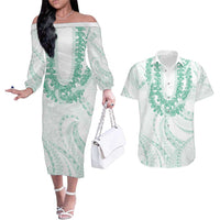 Aloha Lei Onaona Couples Matching Off The Shoulder Long Sleeve Dress and Hawaiian Shirt Sage Green Hawaiian Tribal Pattern