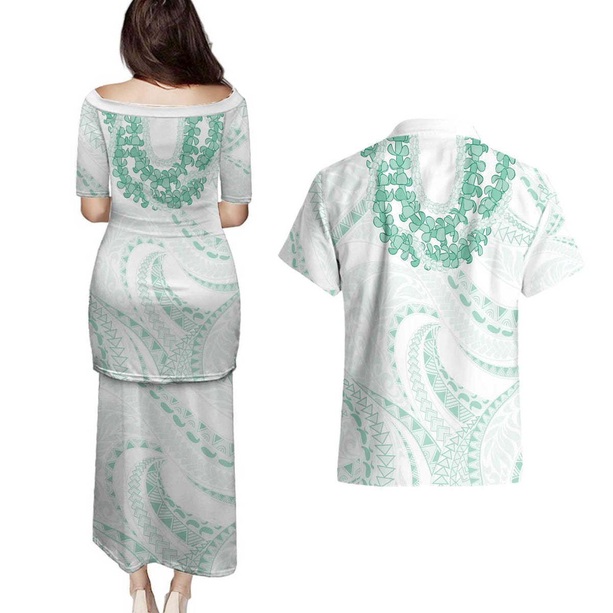 Aloha Lei Onaona Couples Matching Puletasi and Hawaiian Shirt Sage Green Hawaiian Tribal Pattern