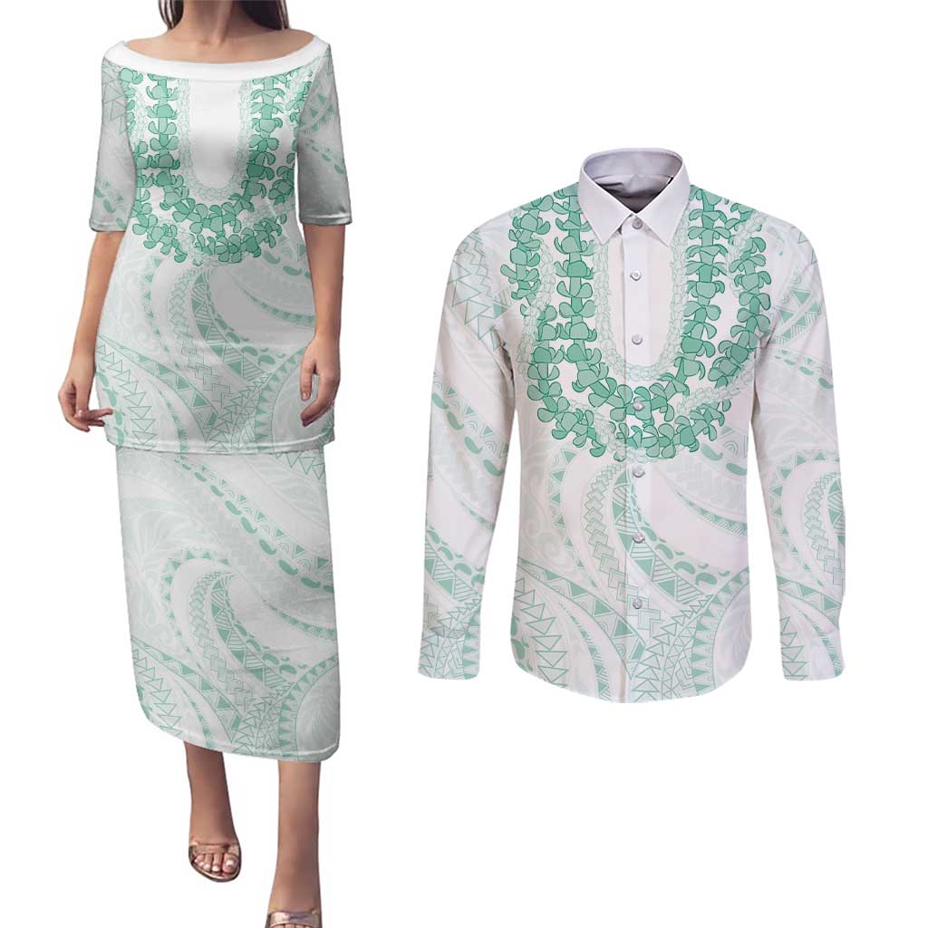 Aloha Lei Onaona Couples Matching Puletasi and Long Sleeve Button Shirt Sage Green Hawaiian Tribal Pattern