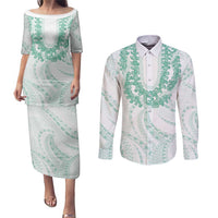 Aloha Lei Onaona Couples Matching Puletasi and Long Sleeve Button Shirt Sage Green Hawaiian Tribal Pattern