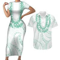 Aloha Lei Onaona Couples Matching Short Sleeve Bodycon Dress and Hawaiian Shirt Sage Green Hawaiian Tribal Pattern