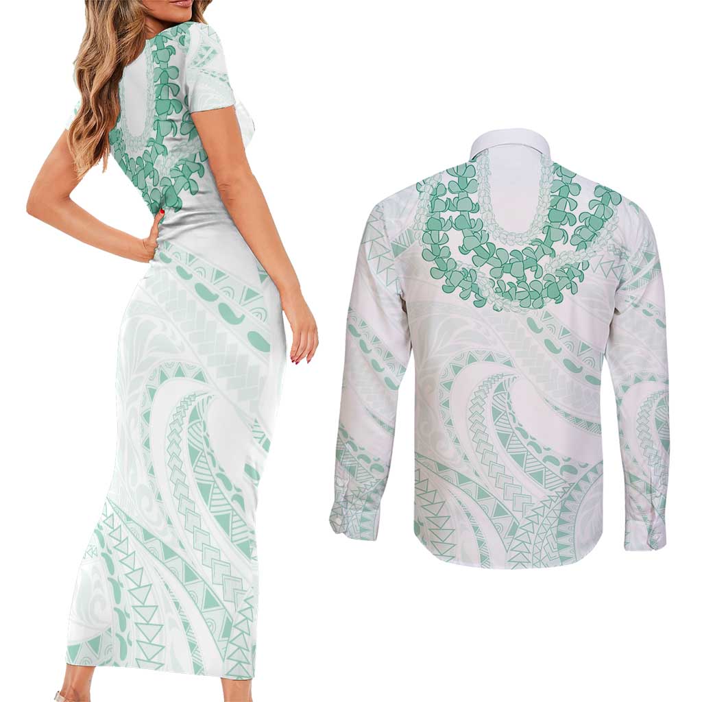 Aloha Lei Onaona Couples Matching Short Sleeve Bodycon Dress and Long Sleeve Button Shirt Sage Green Hawaiian Tribal Pattern