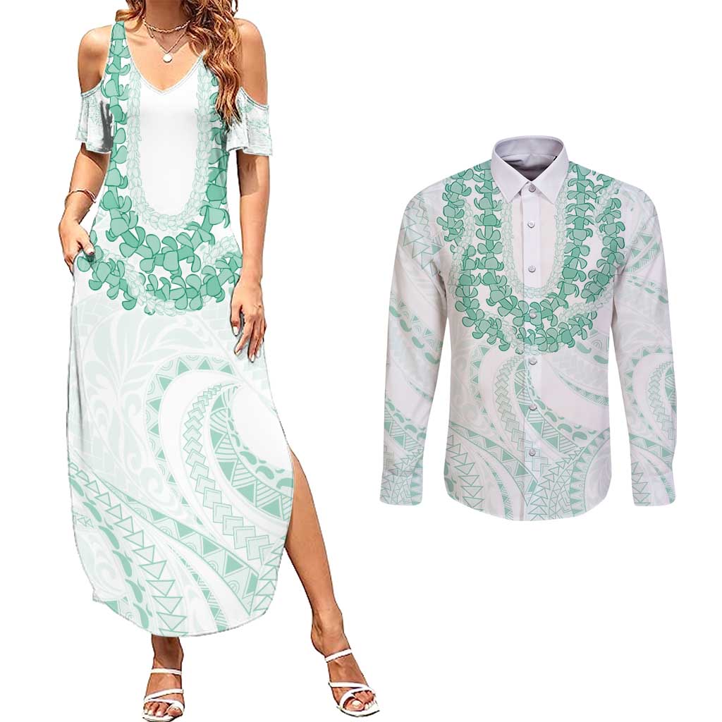 Aloha Lei Onaona Couples Matching Summer Maxi Dress and Long Sleeve Button Shirt Sage Green Hawaiian Tribal Pattern