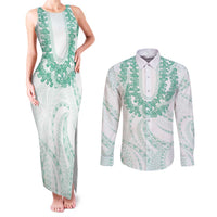 Aloha Lei Onaona Couples Matching Tank Maxi Dress and Long Sleeve Button Shirt Sage Green Hawaiian Tribal Pattern