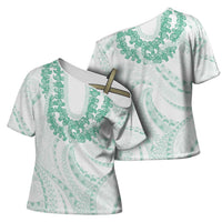 Aloha Lei Onaona Cross Shoulder Shirt Sage Green Hawaiian Tribal Pattern - Polynesian Pride