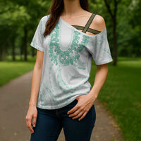 Aloha Lei Onaona Cross Shoulder Shirt Sage Green Hawaiian Tribal Pattern - Polynesian Pride