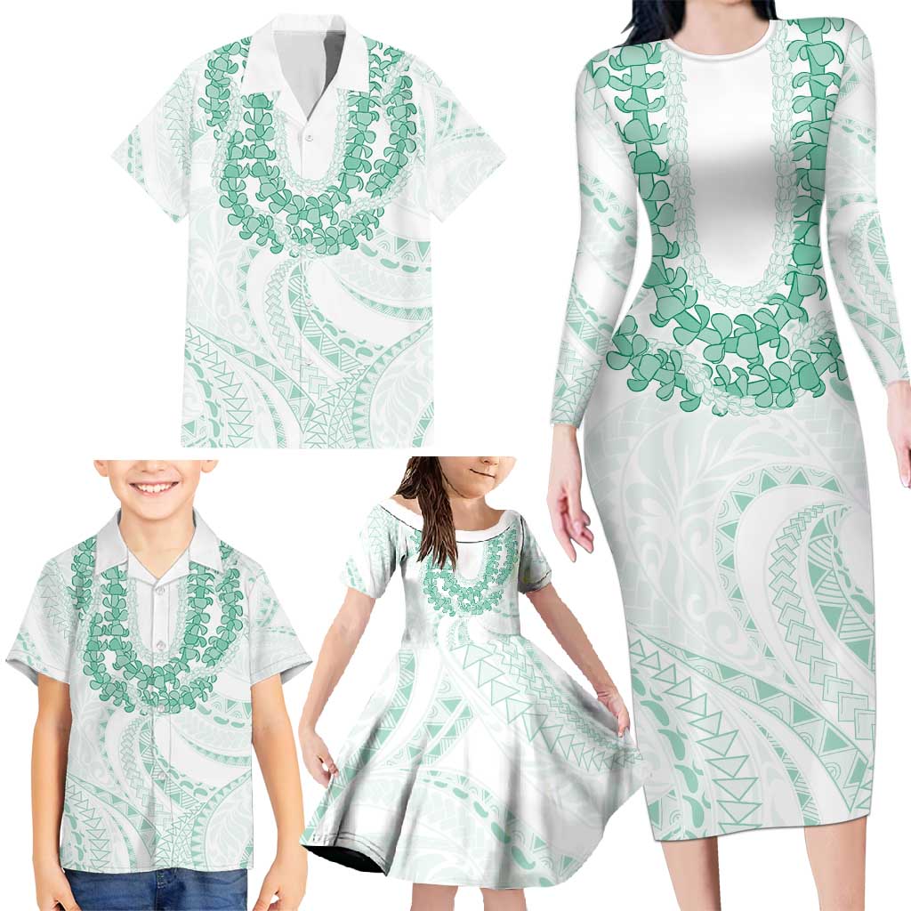 Aloha Lei Onaona Family Matching Long Sleeve Bodycon Dress and Hawaiian Shirt Sage Green Hawaiian Tribal Pattern