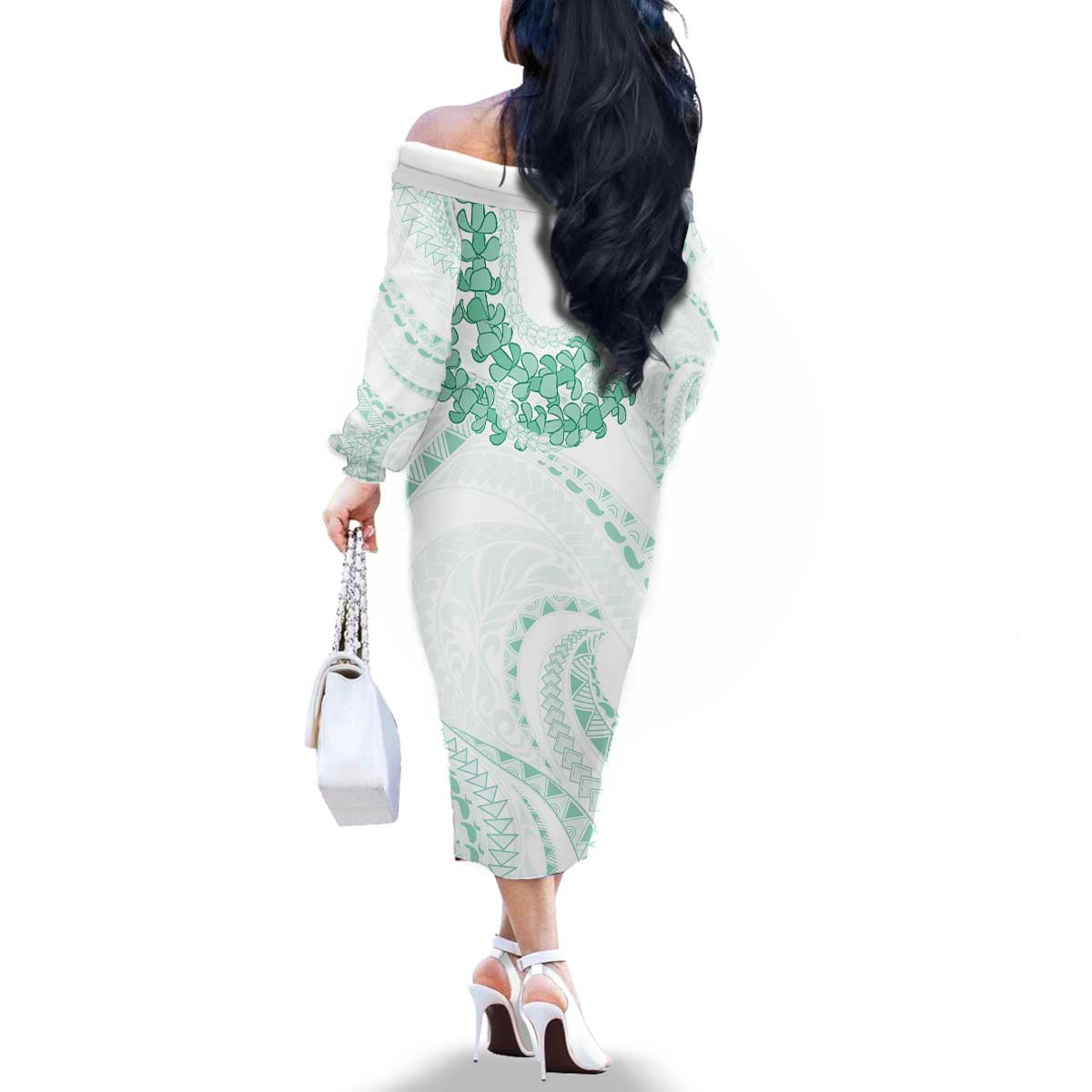 Aloha Lei Onaona Family Matching Off The Shoulder Long Sleeve Dress and Hawaiian Shirt Sage Green Hawaiian Tribal Pattern