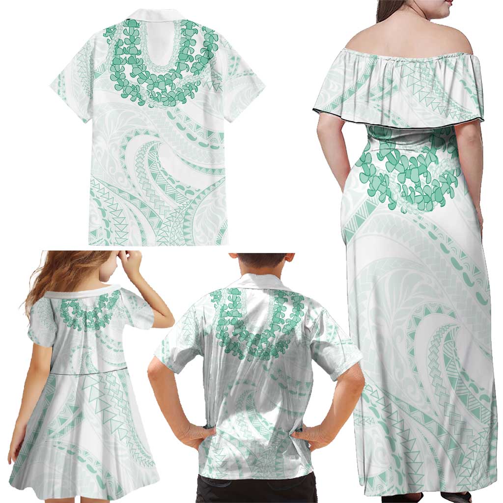 Aloha Lei Onaona Family Matching Off Shoulder Maxi Dress and Hawaiian Shirt Sage Green Hawaiian Tribal Pattern